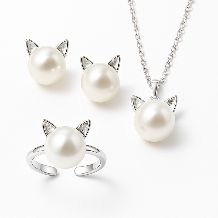Hermosa Collar de Gato de Perlas con Pendientes + Anillo de Regalo
