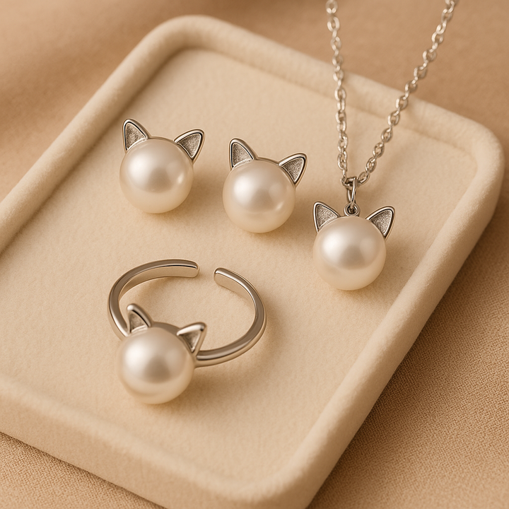 Hermosa Collar de Gato de Perlas con Pendientes + Anillo de Regalo