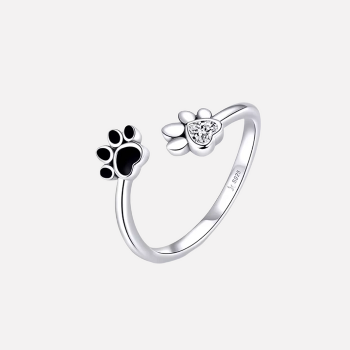 Anillo de Huella de Paw de Plata de Ley 925 – Ajustable con Circonita y Esmalte