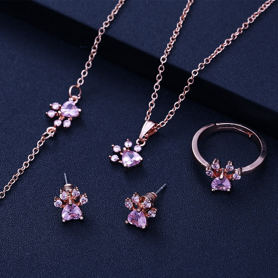 Conjunto de Joyería de Huella en Oro Rosa – 4 Piezas con Corazón de Zirconia (Anillo, Collar, Pendientes, Pulsera)