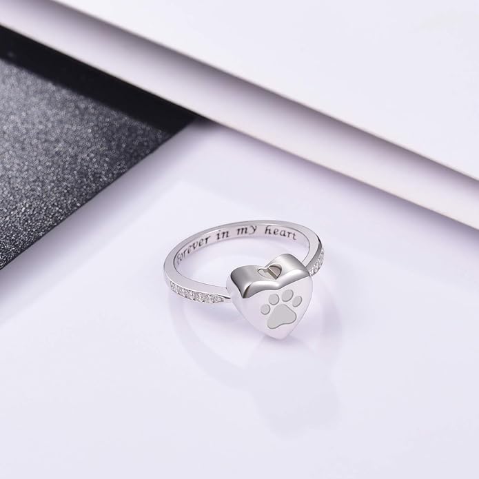 Anillo de Urna con Huella de Pata en Forma de Corazón – Joyería de Conmemoración para Mascotas